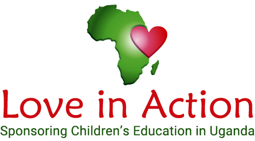 Love in Action charity logo - the continent of Africa with a heart where Uganda is located